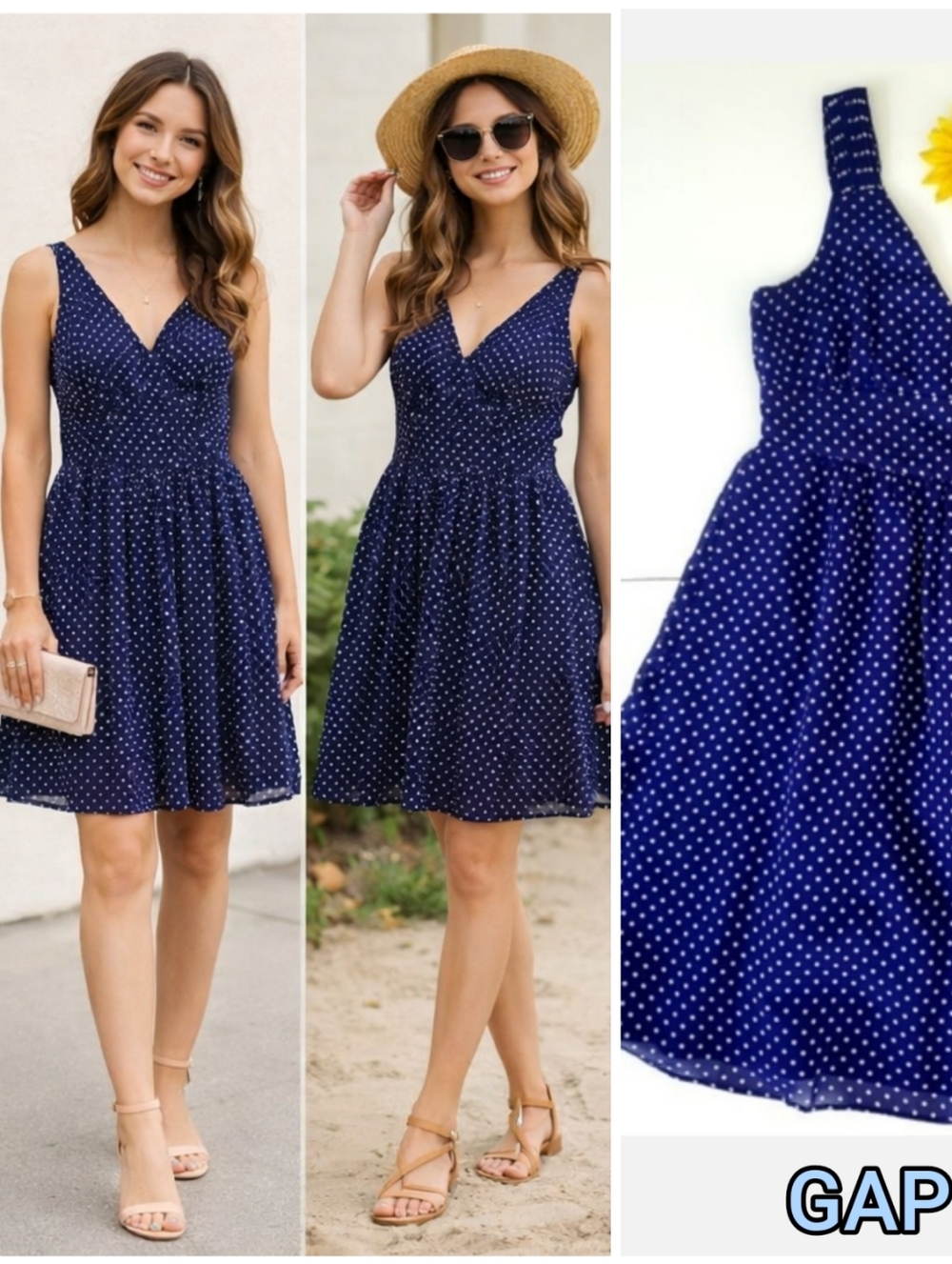 GAP Polka Dot Fit & Flare Dress Navy Sleeveless V-Neck 👗